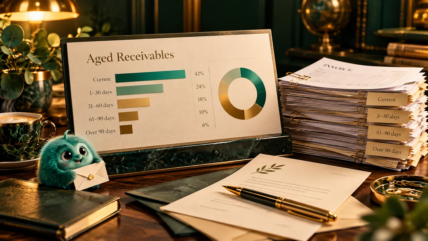 Cinematic emerald and gold 3D illustration for Aged Receivables Report: A Polite Invoice Chaser Workflow
