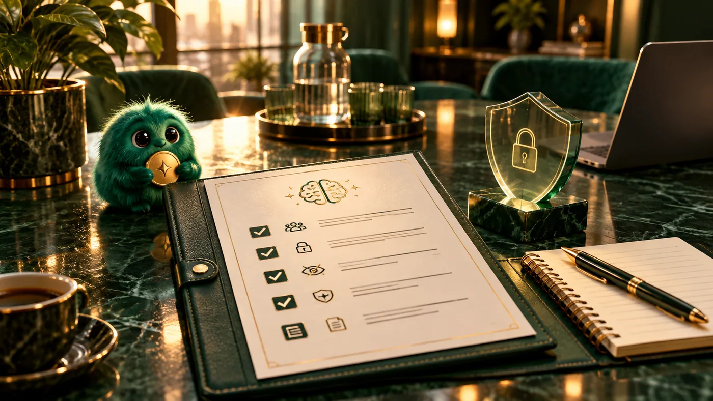 Cinematic emerald and gold 3D illustration for AI Meeting Notes Policy: A One-Page Team Template