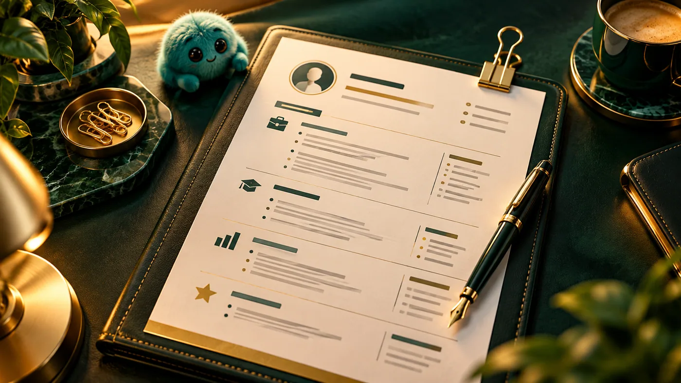 Cinematic emerald and gold 3D illustration for How to Build a Clear Résumé for Each Job Application