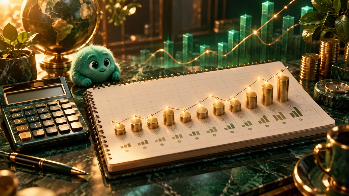 Cinematic emerald and gold 3D illustration for 12-Month Cash Flow Forecast: A Practical Template for 2027