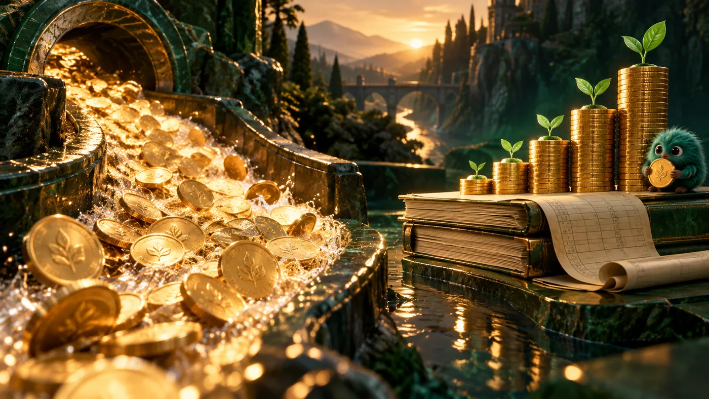 Cinematic emerald and gold 3D illustration for Cash Flow vs Profit: Why Small Businesses Need Both