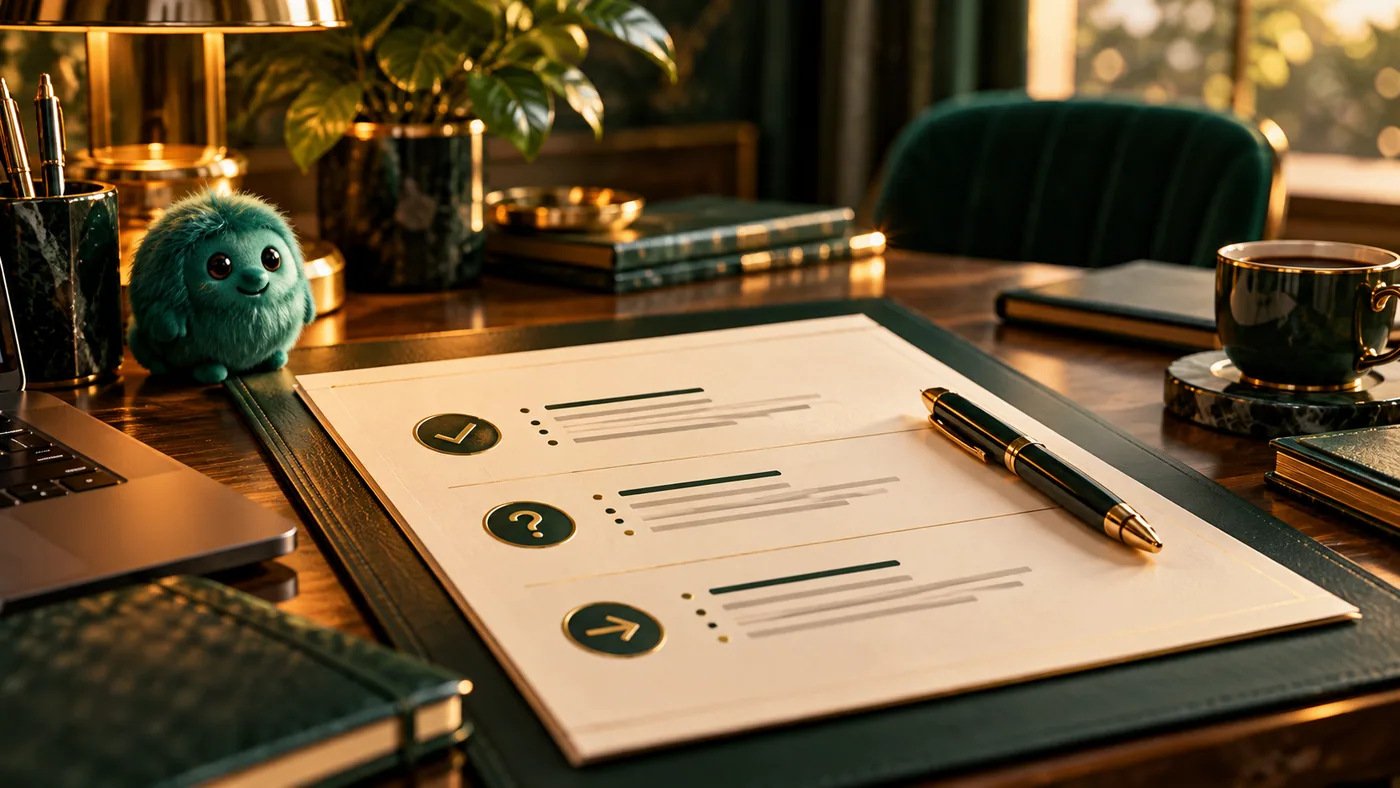 Cinematic emerald and gold 3D illustration for Personal Meeting Recap Template: Decisions, Questions and Next Steps