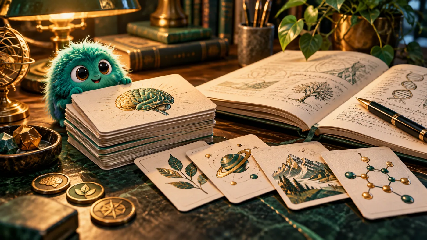 Cinematic emerald and gold 3D illustration for Flashcard Maker: Turn Study Notes Into Better Recall Practice