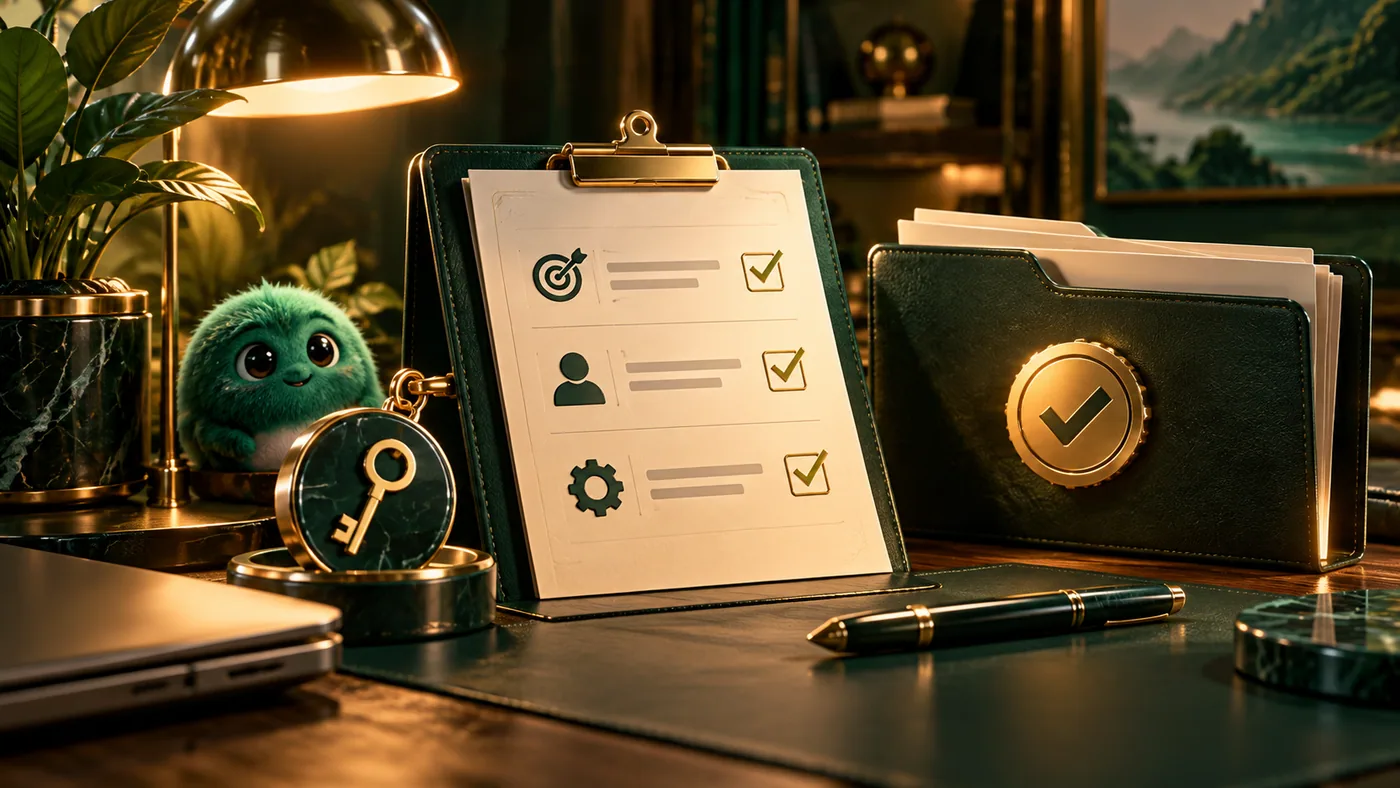 Cinematic emerald and gold 3D illustration for Freelancer Client Onboarding Form: Scope, Access and Approval