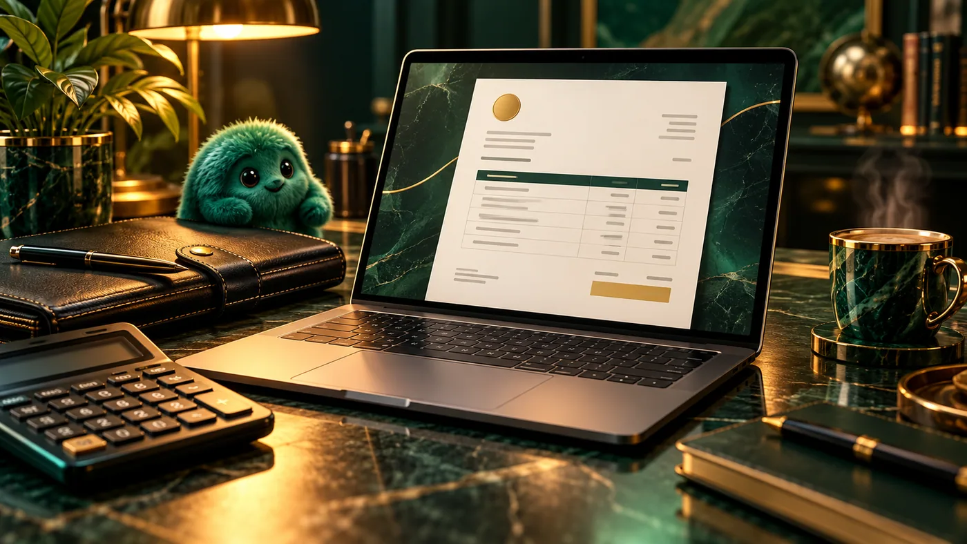 Cinematic emerald and gold 3D illustration for Invoice Generator Guide: Make Invoices Clear and Easy to Pay
