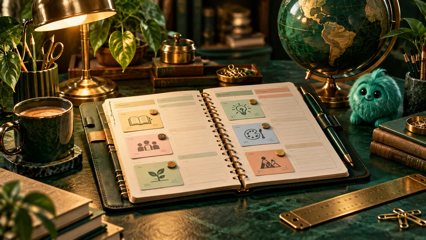 Cinematic emerald and gold 3D illustration for Lesson Plan Template: Make Class Time Easier to Run