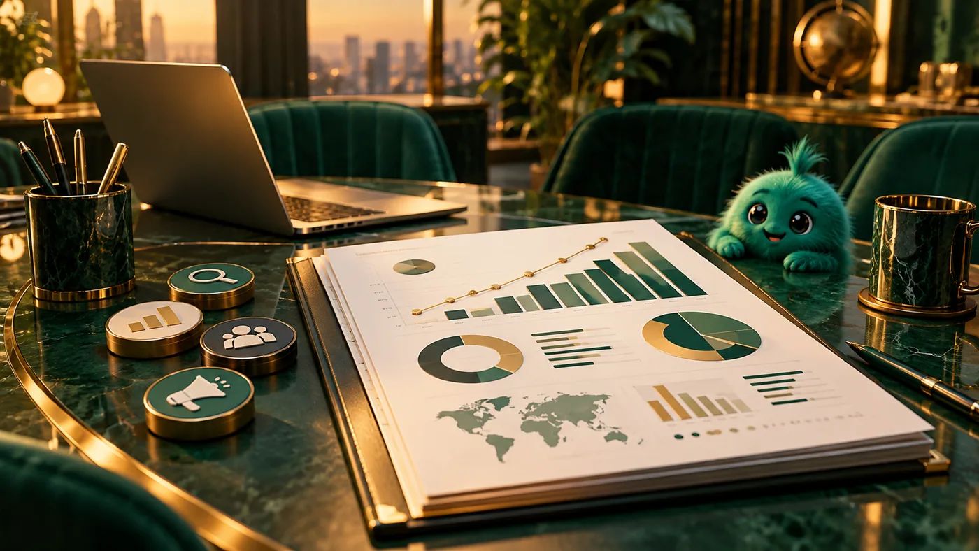 Cinematic emerald and gold 3D illustration for How to Write a Marketing Campaign Results Report
