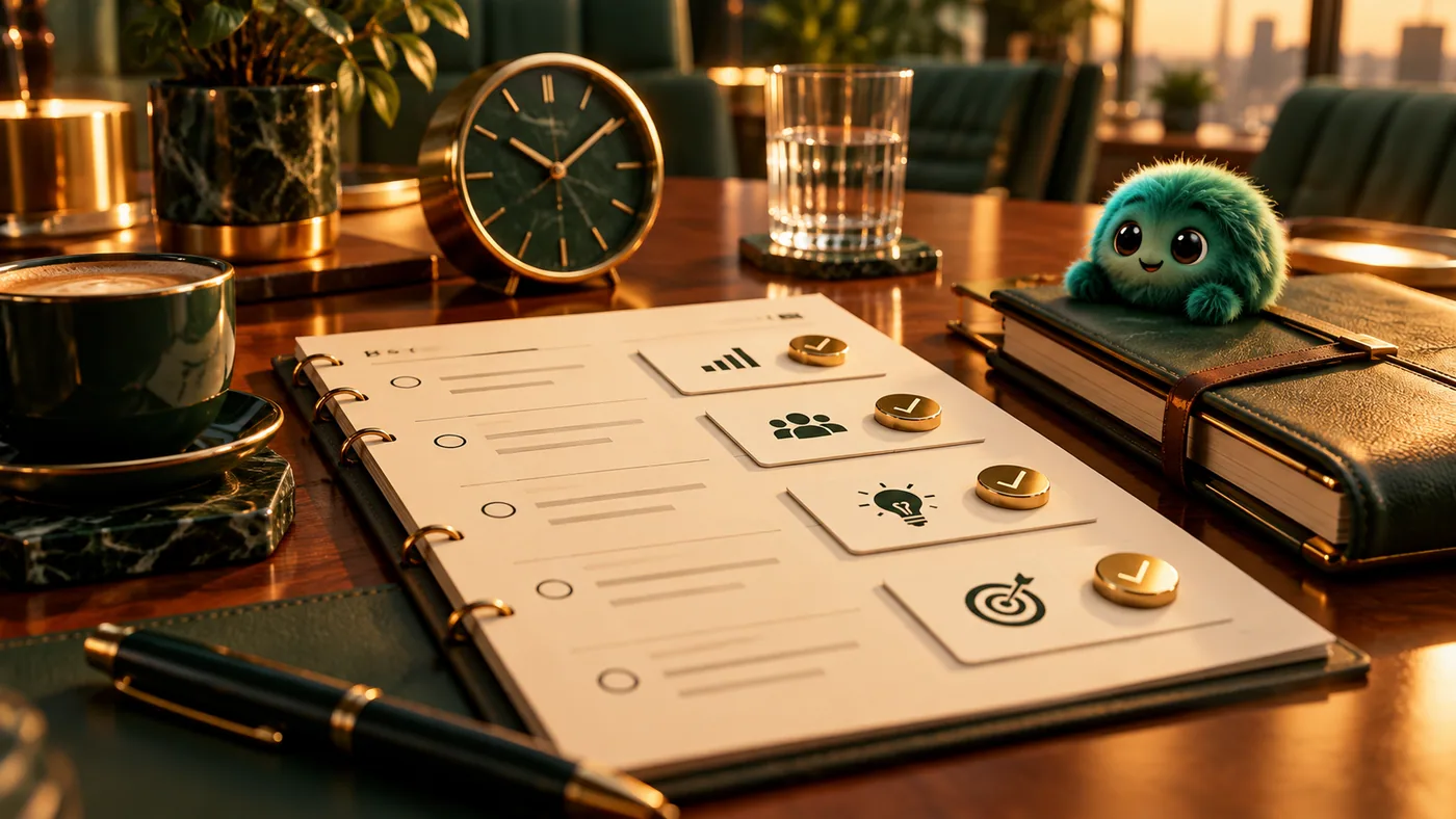 Cinematic emerald and gold 3D illustration for Meeting Agenda Template: Get the Right Decisions in the Room