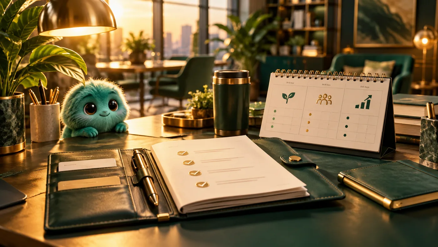 Cinematic emerald and gold 3D illustration for New Employee Onboarding Plan: A Practical First 90 Days Checklist