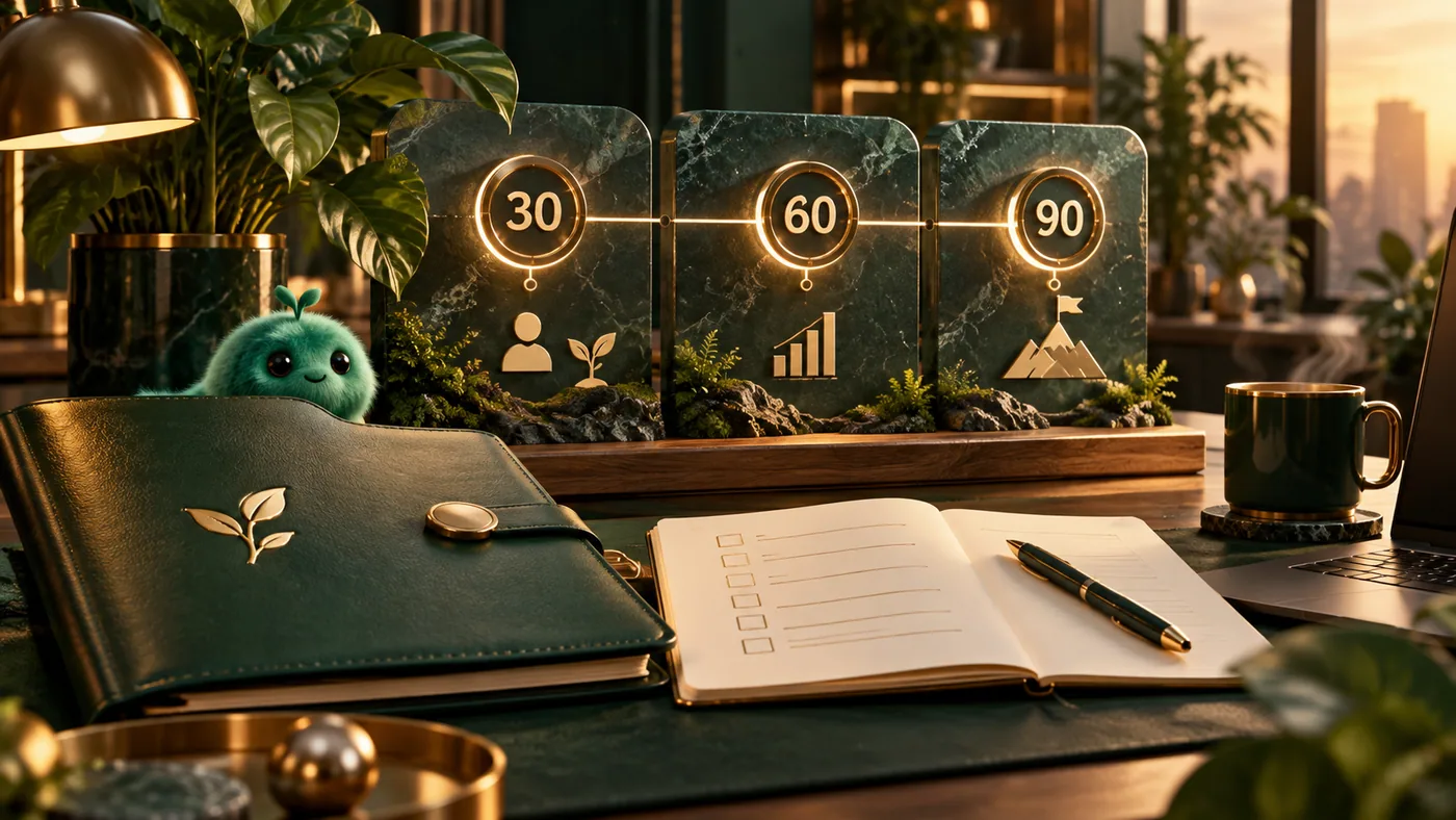 Cinematic emerald and gold 3D illustration for Onboarding Plan Template: A Clear First 90 Days