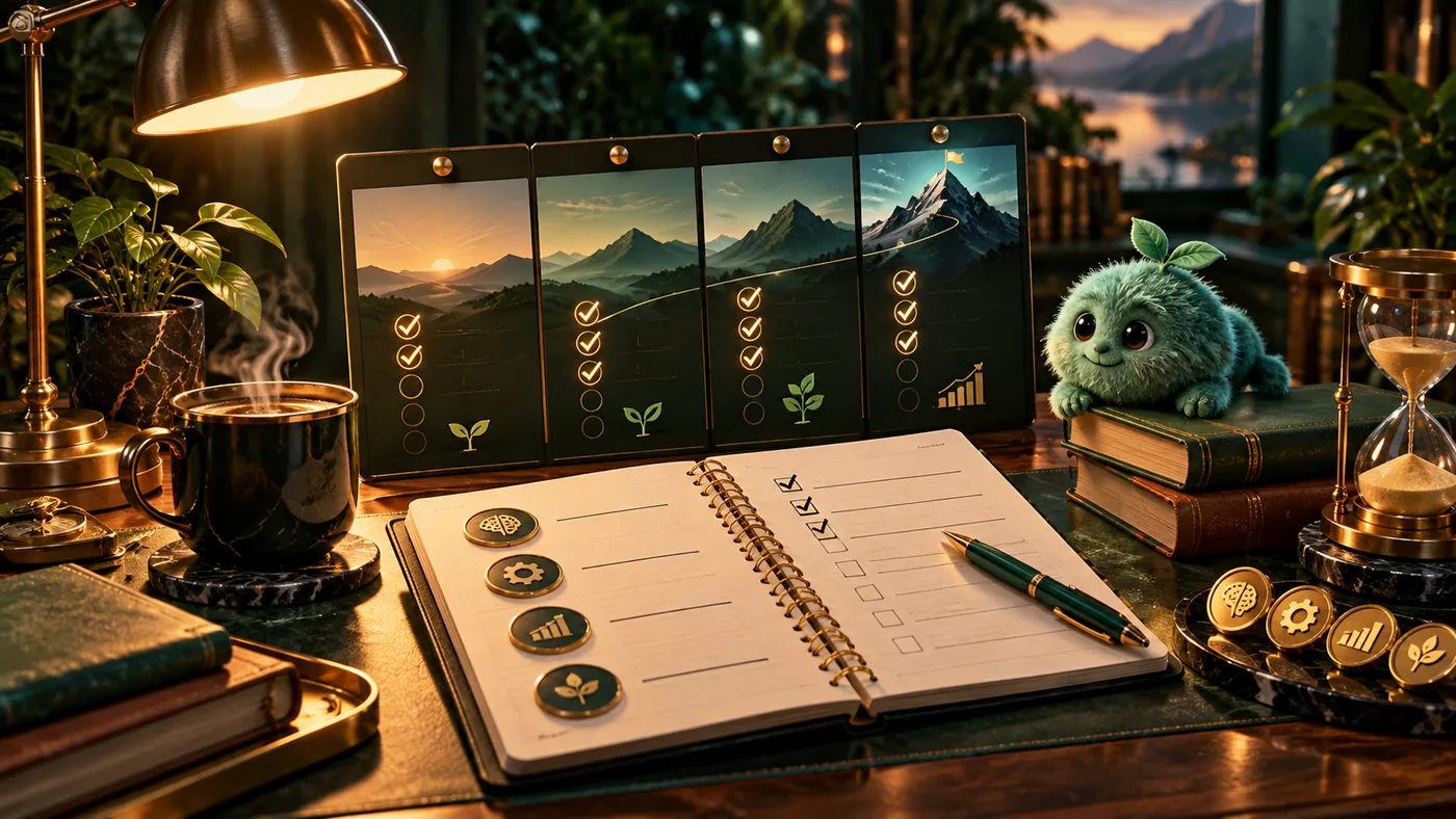 Cinematic emerald and gold 3D illustration for Personal Learning Sprint: A Four-Week Skill Plan With Evidence