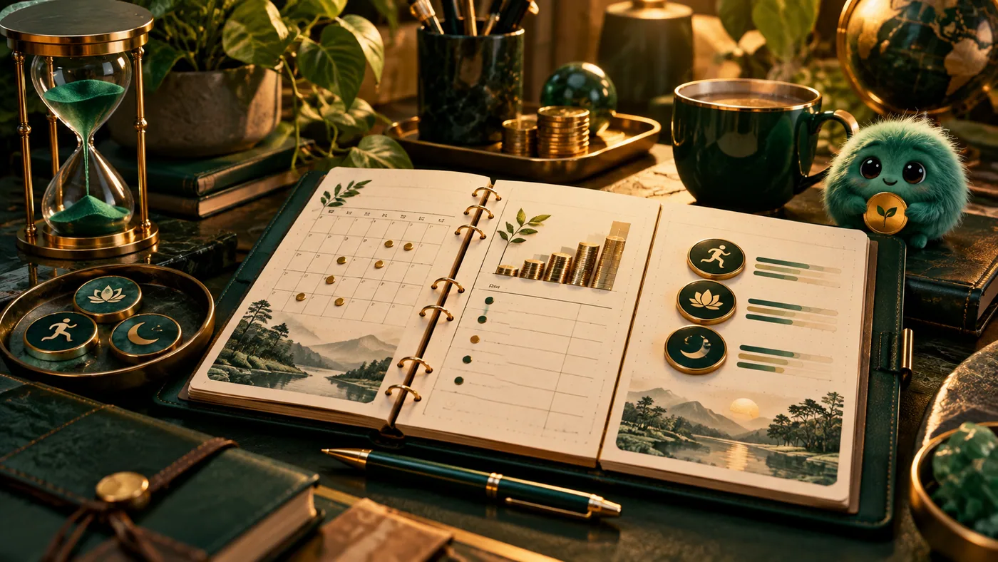 How to Improve Focus and Concentration During Busy Days illustrated in the CREATEFOR.YOU emerald-and-gold monster style