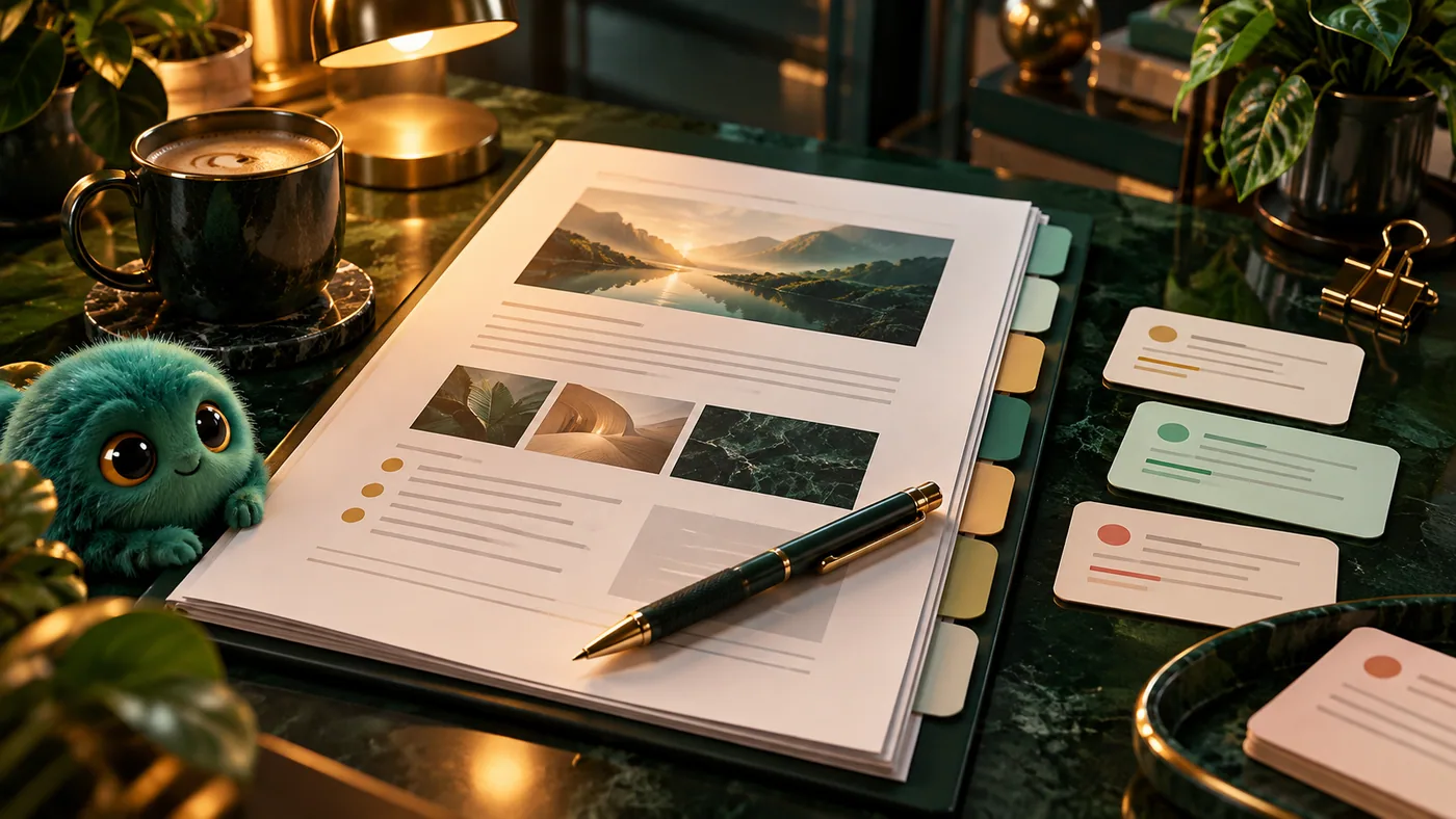 Cinematic emerald and gold 3D illustration for How to Make a Revision-Friendly Client Document
