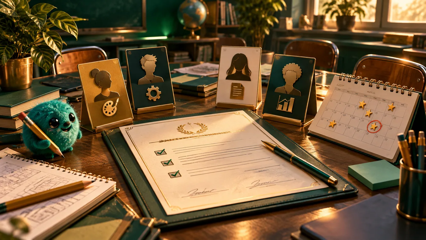Cinematic emerald and gold 3D illustration for School Group Project Contract: Roles, Deadlines and a Fair Review