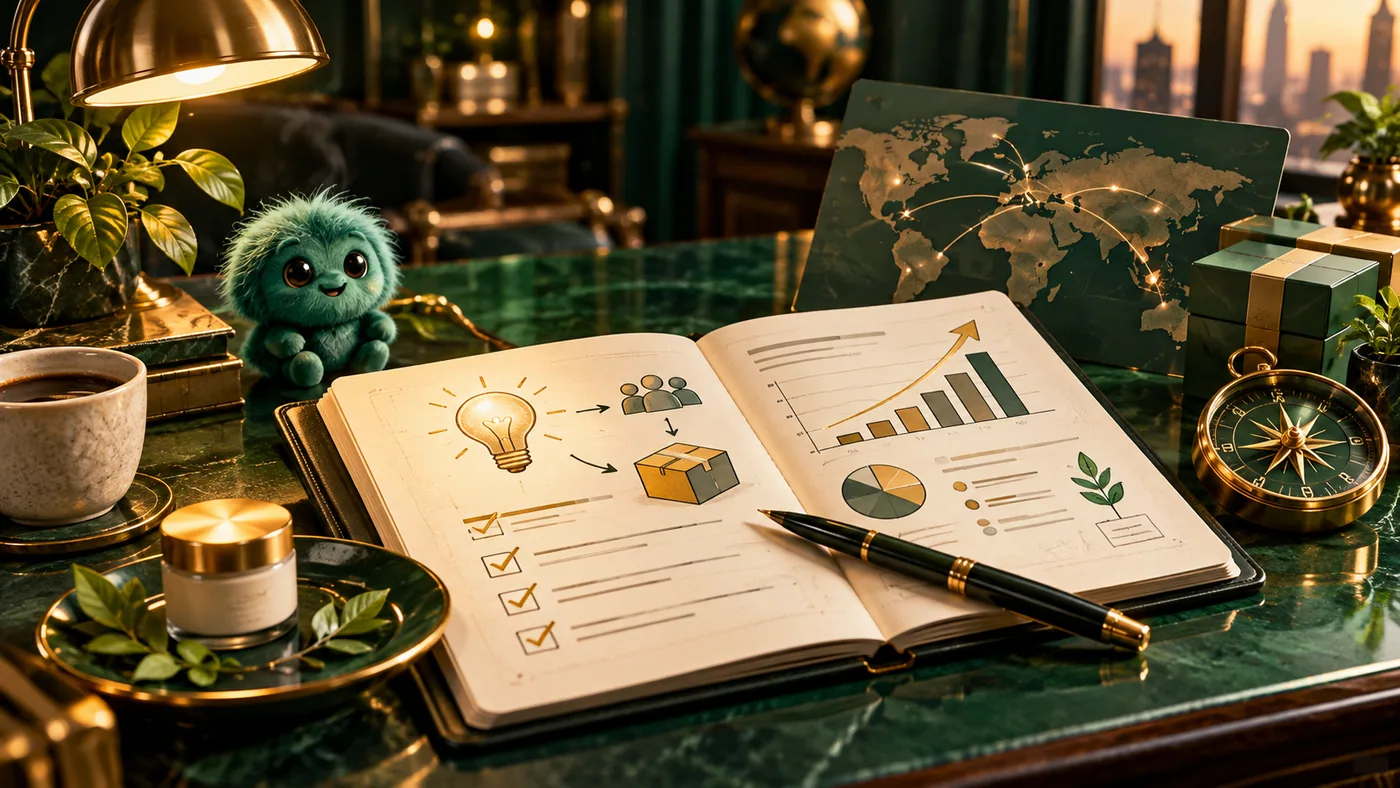 Cinematic emerald and gold 3D illustration for Small Business Plan Outline: From Idea to Next Action
