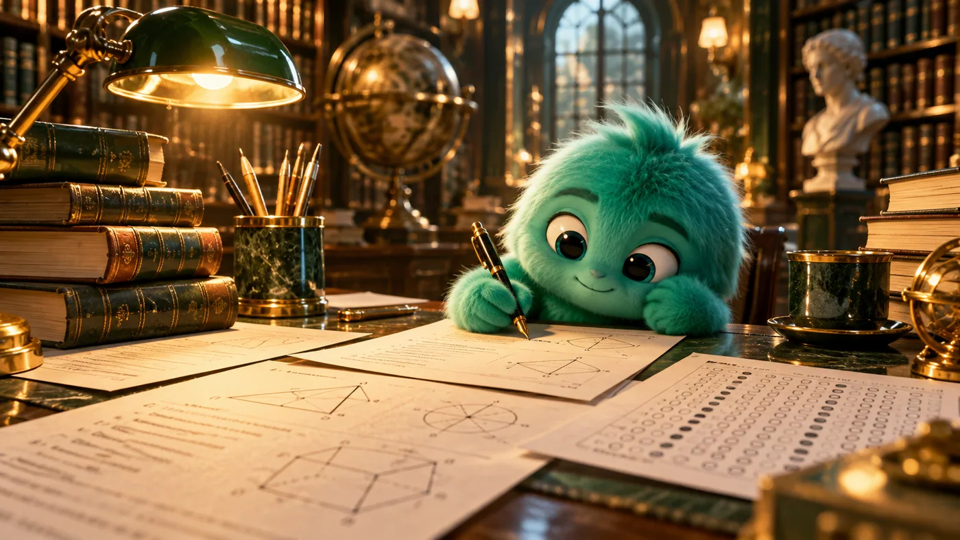 Cinematic emerald and gold 3D illustration for Test Paper Maker: Create Better Practice Tests Faster