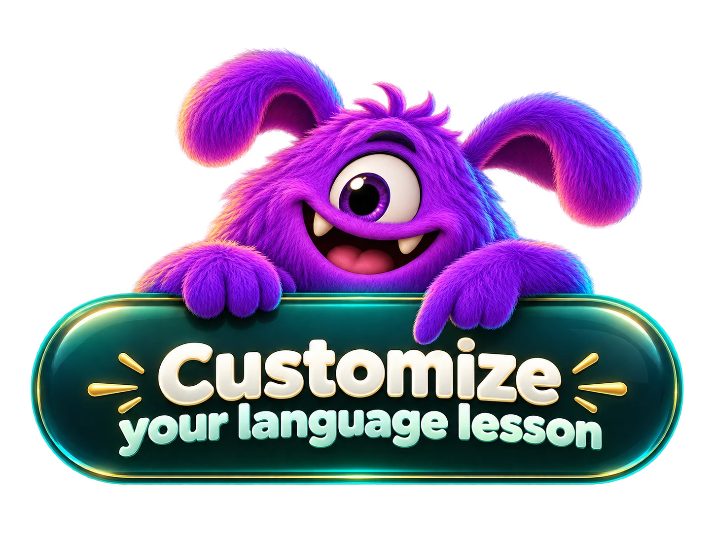Purple monster holding a Customize your language lesson button
