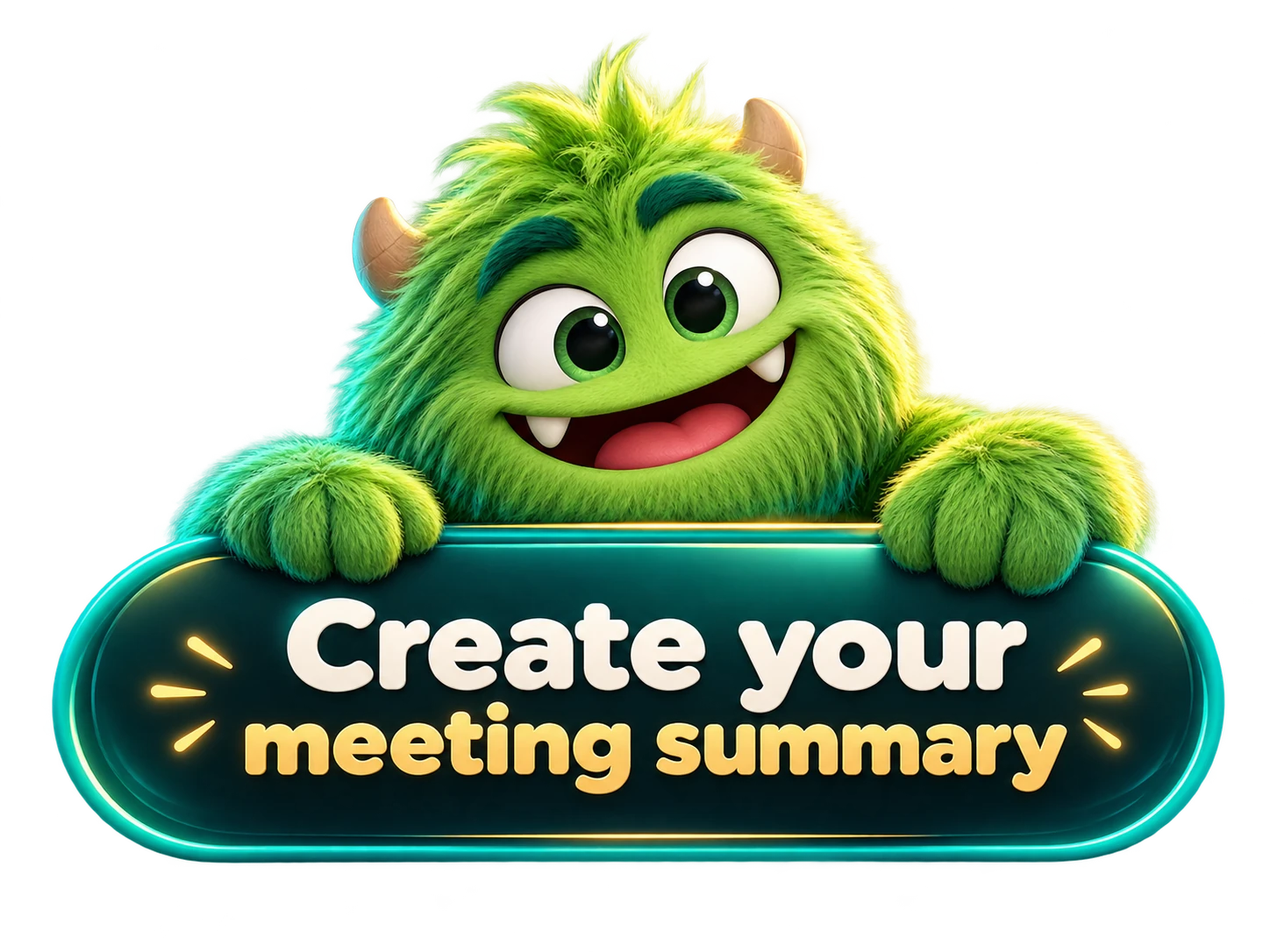 Green monster holding a Create your meeting summary button