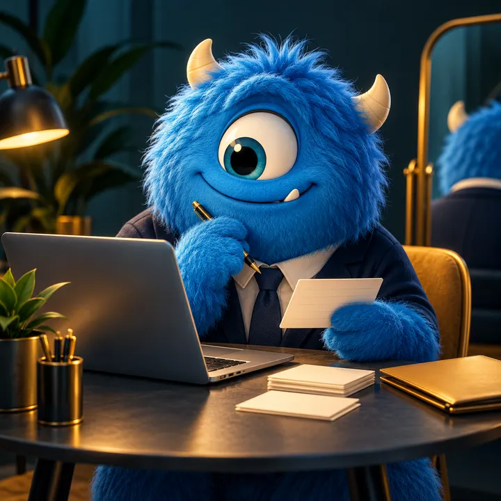 A blue mascot preparing for an interview at a desk