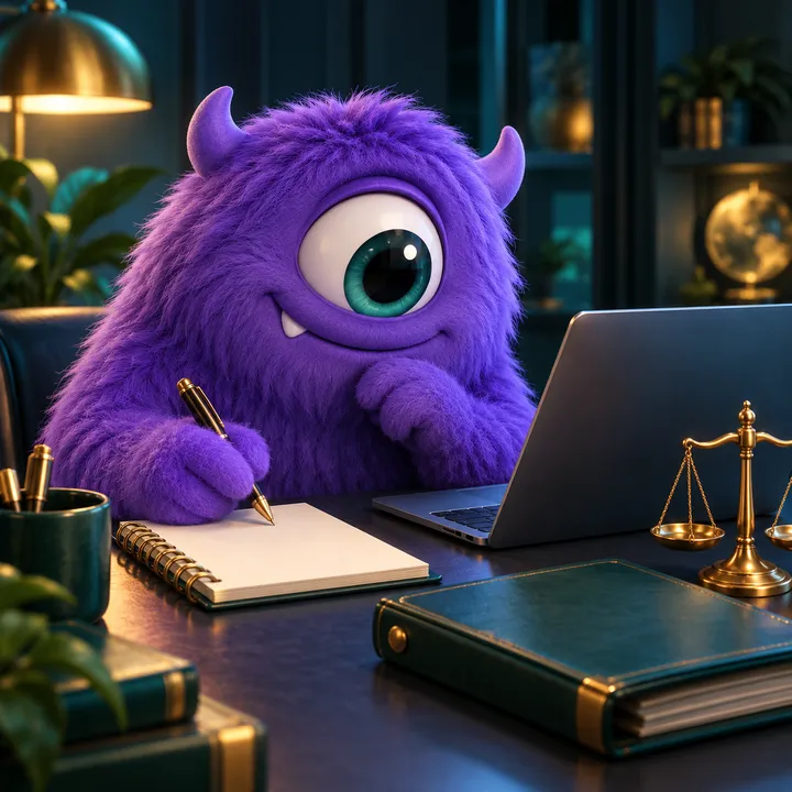 A purple one-eyed monster writing notes beside scales of justice and a legal binder