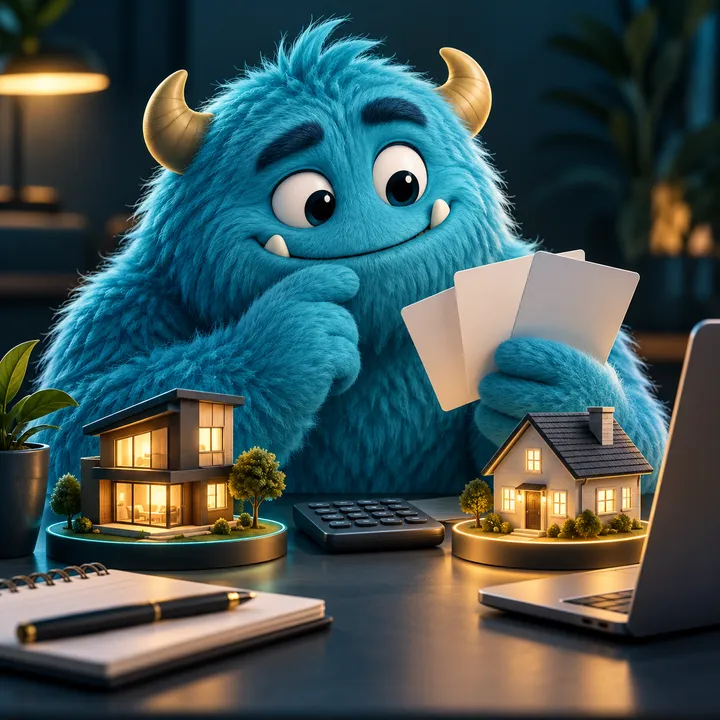 A light-blue monster comparing two papers beside model houses and a calculator