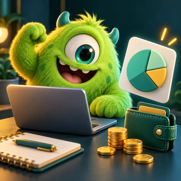 A lime-green one-eyed monster holding up a pie chart beside a wallet and coins