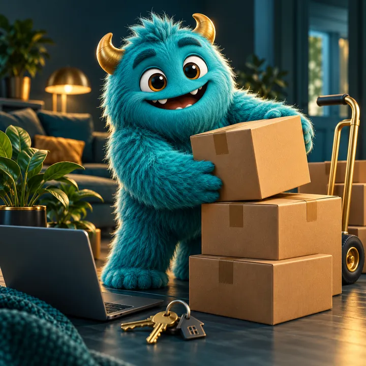 A teal monster stacking moving boxes next to a hand trolley and house keys