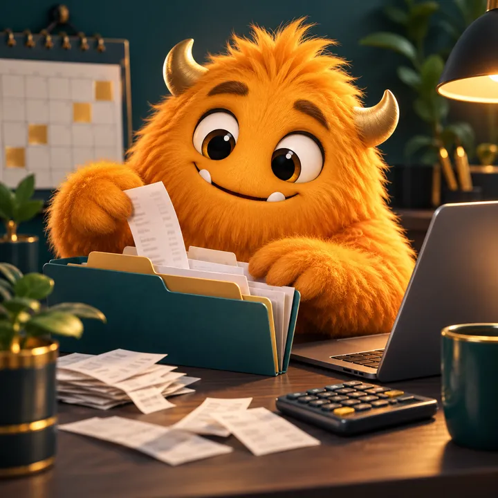 An orange monster sorting receipts in a folder beside a calendar and calculator