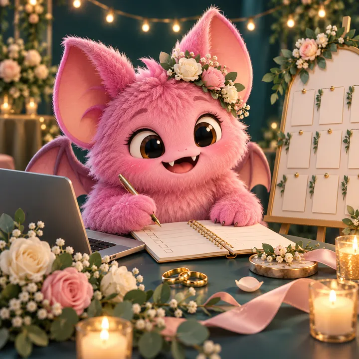 A pink winged monster with a flower crown writing in a wedding planner beside a seating chart