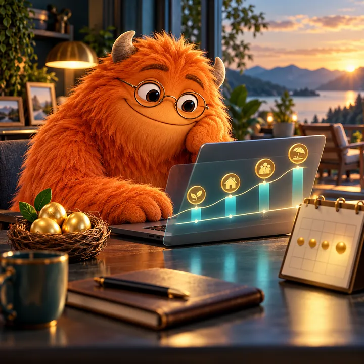 An orange monster with glasses viewing an income chart, with a sunset view behind