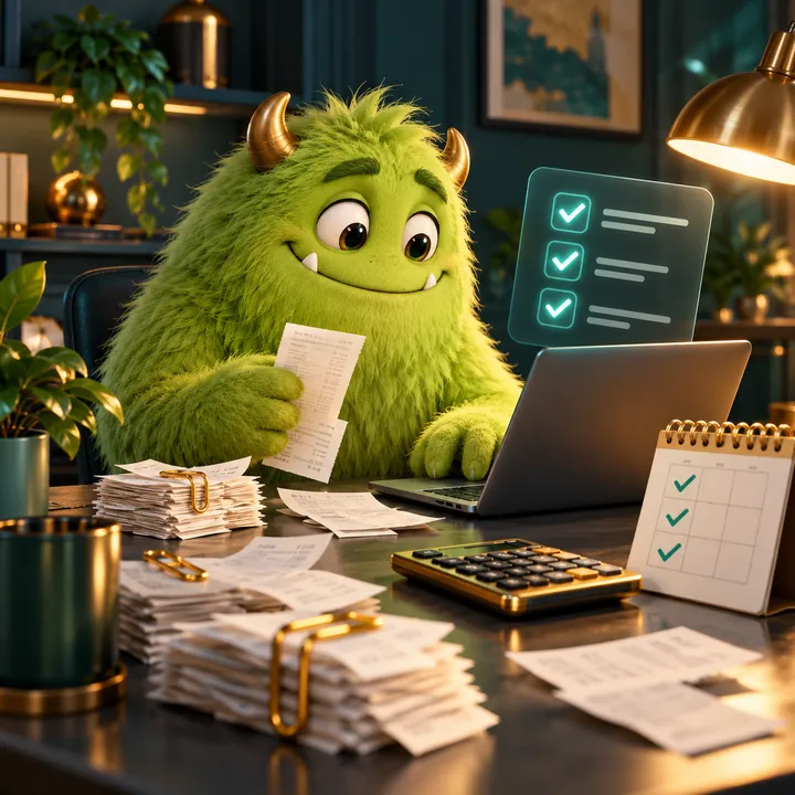 A lime-green monster holding a receipt beside a checklist, calendar and calculator